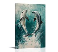 ZBBZJYHH Peinture à l'huile animale d'un dauphin sautant synchronisé avec un autre sur vert d'eau mat, décoration murale artistique moderne à suspendre, 50 x 75 cm