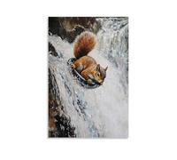 ZBBZJYHH Peinture à l'huile animale d'un écureuil tubant une cascade avec un regard de joie sauvage. Décoration murale artistique moderne à suspendre 40 x 60 cm