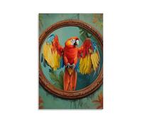 ZBBZJYHH Peinture à l'huile animale d'un perroquet pliant les ailes fièrement dans un miroir rond encadrée contre un mur vert jade. Décoration murale artistique moderne à suspendre, 40 x 60 cm