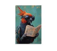 ZBBZJYHH Peinture à l'huile animale d'un perroquet portant des lunettes monocle, lisant des nouvelles internationales sous un fond menthe. Décoration murale artistique moderne à suspendre, 40 x 60 cm