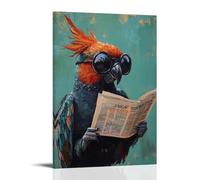 ZBBZJYHH Peinture à l'huile animale d'un perroquet portant des lunettes monocle, lisant des nouvelles internationales sous un fond menthe. Décoration murale artistique moderne à suspendre, 20 x 30 cm
