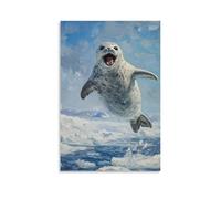 ZBBZJYHH Peinture à l'huile animale d'un sceau avec un sourire à bouche ouverte sur les océans glacés. Décoration murale artistique moderne à suspendre 50 x 75 cm