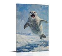 ZBBZJYHH Peinture à l'huile animale d'un sceau avec un sourire à bouche ouverte sur les océans glacés. Décoration murale artistique moderne à suspendre 50 x 75 cm