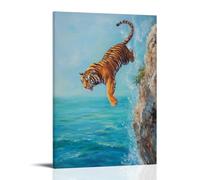 ZBBZJYHH Peinture à l'huile animale d'un tigre plongeant tête première au large d'une falaise tropicale dans l'océan turquoise. Décoration murale artistique moderne à suspendre 60 x 90 cm
