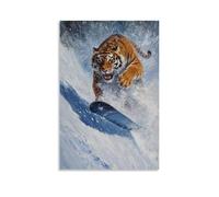 ZBBZJYHH Peinture à l'huile animale d'un tigre Snowboard sur une pente d'hiver bleu-gris mat, décoration murale artistique moderne à suspendre, 60 x 90 cm
