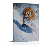 ZBBZJYHH Peinture à l'huile animale d'un tigre Snowboard sur une pente d'hiver bleu-gris mat, décoration murale artistique moderne à suspendre, 40 x 60 cm