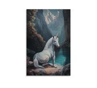 ZBBZJYHH Peinture à l'huile de créature légendaire - Une licorne agenouillée à côté d'une piscine sacrée cachée dans l'ombre de la montagne - Décoration murale artistique moderne à suspendre - 50 x 75