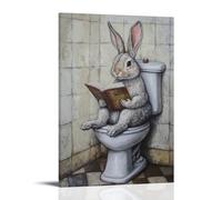 ZBBZJYHH Peinture à l'huile d'un lapin sirotant un cacao chaud tout en se prélassant sur une toilette et en lisant des romans. Décoration murale artistique moderne à suspendre 30 x 45 cm
