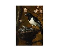 ZBBZJYHH Peinture néerlandaise de l'âge d'or d'une pie volant une cuillère en argent, son nid avec des bibelots volés, décoration murale artistique moderne à suspendre, 60 x 90 cm