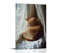 ZBBZJYHH Portrait de l'âge d'or néerlandais d'un chat roux faisant la sieste sur un rebord de fenêtre éclairé par le soleil, rideaux en dentelle flottant, décoration murale artistique moderne à