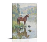 ZBBZJYHH Poster mural artistique moderne à suspendre avec inscription « A Horse by The River Lowering Its Head to Drink Clear River Water » (50 x 75 cm)