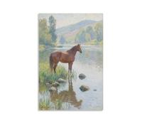 ZBBZJYHH Poster mural artistique moderne à suspendre avec inscription « A Horse by The River Lowering Its Head to Drink Clear River Water » (50 x 75 cm)