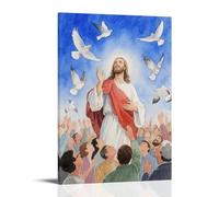 ZBBZJYHH Poster mural artistique moderne à suspendre avec inscription « Jesus Blessing Crowd, People Looking Up », colombes volantes, 50 x 75 cm