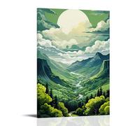 ZBBZJYHH Poster panoramique avec paysage de montagne et un chemin qui coule sous une grande lune avec des oiseaux volant au-dessus de celle-ci - Décoration murale artistique moderne à suspendre - 40 x