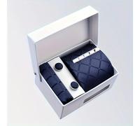 ZBDP Ensemble de 4 Cravates à Carreaux, écharpe carrée, Boutons de Manchette et Pince à Cravate pour Hommes - avec Coffret Cadeau