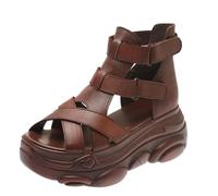 ZBDZSW Chaussures d'été tendance pour femme Sandales rétro en cuir pour femme Sandales compensées à bout ouvert Talon haut Noir, 0569 Marron, 34 1/3 EU