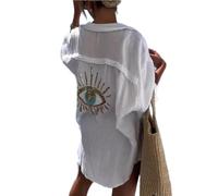 ZBDZSW Chemise décontractée à paillettes mauvais œil pour femme d'été à manches longues ample long chemisier streetwear col rabattu en coton hauts, blanc, XL