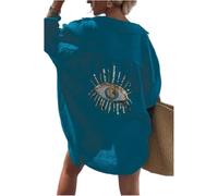 ZBDZSW Chemise décontractée à paillettes mauvais œil pour femme d'été à manches longues ample long chemisier streetwear col rabattu en coton hauts, bleu, XL