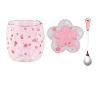 ZBDZSW Tasse à café en verre à double paroi avec cuillère Dessin animé Chat mignon Tasse à jus de lait Tasse à domicile Bureau Griffe/Patte Cadeau pour fille