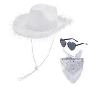 ZBHDEYG Chapeau De Cowboy Western avec Lunettes d'Amour, Écharpe Carrée à Motifs Noirs, Bords en Plumes et Paillettes pour Soirées à Thème et Jeux De Rôle