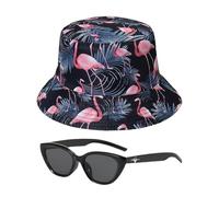 ZBHDEYG 1 chapeau de pêche flamant rose, 1 paire de lunettes de soleil, chapeau de soleil pour femme, chapeau d'été pour femme, chapeau de soleil pour femme, Noir , S/M