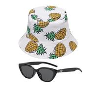 ZBHDEYG 1 chapeau de plage ananas, 1 paire de lunettes de soleil, chapeau de soleil pour femme, chapeau d'été pour fille, chapeau de soleil pour femme, chapeau de pêcheur, Blanc., S/M