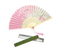 ZBHDEYG 1 éventail pliant, 1 boîte cadeau éventail, éventail pliant classique, éventail de danse pour enfants, éventail en bois de fleurs de cerisier, éventail pliant à la main avec pompon