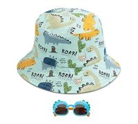 ZBHDEYG 1 Morceau De Chapeau Seau De Dinosaure, 1 Paire De Lunettes De Soleil De Dinosaure, Chapeau Imprimé De Dessin Animé, Chapeau De Soleil en Tonneau, Adapté Aux Garçons Et Aux Filles