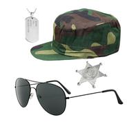 ZBHDEYG Ensemble De Déguisement Militaire 4 Pièces, Casquette Militaire Camouflage, Lunettes De Soleil, Étiquette D'Identification, Insigne De Bijoux, Accessoires De Fête Sur Le Thème Militaire