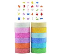 ZBHDEYG Lot de 12 rouleaux de ruban à paillettes multicolores, 28 autocollants en mousse animale, ruban à paillettes, déchirable à la main, ruban bronzant, autocollant de décoration pour album photo