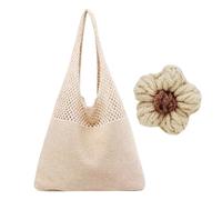 ZBHDEYG Sac en tissu creux avec boucle décorative pour fleurs - Bandoulière à la main en maille rétro, de voyage polyvalente en laine filet de plage pour femme