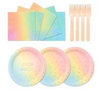 ZblPyro Arc-en-Ciel Or Vaisselle Jetable Anniversaire pour 24 Personnes | 23cm assiette jetable, serviettes, fourchettes en bois, Marches des Fiertés, anniversaires d'enfants, célébrations du Jubilé