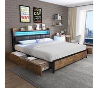 ZboLi Lit en Métal 180 x 200 cm, Capitonné Avec Éclairage LED, Double Avec Sommier à Lattes et Rangement, Coffre Avec Tête de Lit LED et 4 Tiroirs