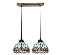 ZBZFGE Style Pendant Hanging Lamp, 8 inch Blue Stained Glass Dining Room, Height Adjustable Ceiling for Farmhouse Kitchen Island Decor,3 Rectangle,3 Light Round