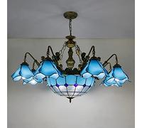 ZBZFGE Style, Vintage Stained Glass Pendant Hanging Lamp, Height Adjustable Ceiling for Living Room Bedroom Dining Decor,Blue,8 B,Blue-3 Light
