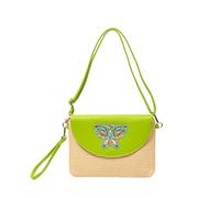 ZCABYBD Sac à Perles en Paille De Style Bohème, Tissé avec Patch Riz, Bandoulière pour Vacances Bord Mer, Main Contrasté-Vert Foncé