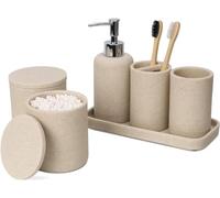 zccz Accessoires Salle de Bain Beige -Decoration Salle de Bain avec Distributeur Savon, Porte Brosse à Dents, 2 Supports QTip et gobelet