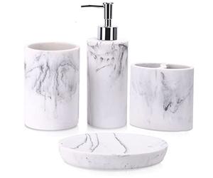 ZCCZ Lot de 4 Accessoires de Salle de Bain avec Distributeur de Savon, Porte-Brosse à Dents, gobelet de Salle de Bain, Porte-Savon, Aspect marbre - Blanc