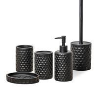 ZCCZ Lot de 5 Accessoires Salle de Bain Noir - Distributeur Savon, Support Brosse Toilette, Support Brosse à Dents, Gobelet, Porte-Savon - Ensemble Moderne et Élégant pour Organisation et Décoration