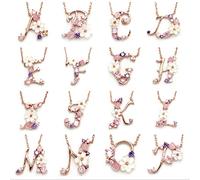 ZCCZJS 26 Collier d'alphabet AZ S925 Collier de fleur de cristal rose naturel, d'anniversaire romantique d'anniversaire de bijoux de la Saint-Valentin avec boîte cadeau, V UI