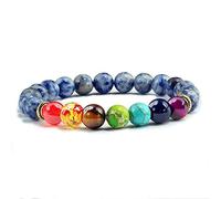 ZCCZJS Natural Stone Tiger Eye 7 Chakra Bracelets & Bangles Yoga Balance 8 mmbeads Bouddha Prière Bracelet Elastic Men 20 cm Blanc Bleu