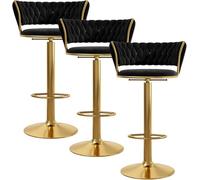 ZCEDZYSW Lot de 3 tabourets de bar de cuisine luxueux en velours blanc, hauteur réglable avec dossier et repose-pieds (noir et pieds dorés)