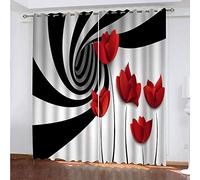 ZCFGG Rideau Occultants Fleur Rouge rotative, Noir et Blanc Rideau Isolant Thermique Rideau à Oeillet Moderne Microfibre Super Soft pour Chambre Salon Home Decorative 2X L110 x H215 cm