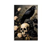 ZCJYMX Impression sur toile gothique motif floral corbeau noir et tête de mort - Poster Marvel décoratif sur toile pour chambre à coucher - 20 x 30 cm