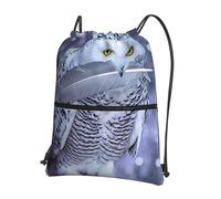 Zcmkjlg Sac à cordon de serrage imprimé hibou arctique avec poche zippée, sac à dos pliable, réglable pour camping, festival, sortie