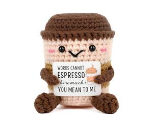 ZCOINS Positive Emotional Support Figurine au crochet « Words Cannot Espresso » Tasse à café crochetée à la main comme cadeau de poche et câlin pour les amateurs de café pour la Saint-Valentin, un