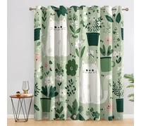 zcwl Rideau Occultant Chat Mignon, Floral Vert Motif Rideaux Thermiques à Oeillets, Rideaux Imprimé pour Salon Chambre Fenetre Moderne Décoration, 140x180 cm (L x H), Lot de 2 (3E55f)