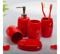 ZCXBHD Ensemble D'accessoires De Salle De Bains en Céramique Rouge - 1 Porte-Savon 1 Distributeur De Savon 2 Gobelet 1 Porte-Brosse à Dents 5 Pièces,A