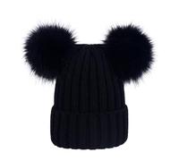 ZCXCsfp Bonnet en tricot torsadé doux pour femme avec doublure en polaire confortable et 2 pompons amovibles en fausse fourrure, Noir , taille unique