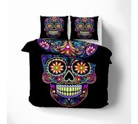 ZDABAOEC Housse de Couette 240 x 260 Tête de Mort, Parure de Lit Squelette Mexicaine 2 Personnes, House de Couette Imprimée Reversible Microfibre avec Fermeture Eclair, 2 Taies d'oreiller 65x65
